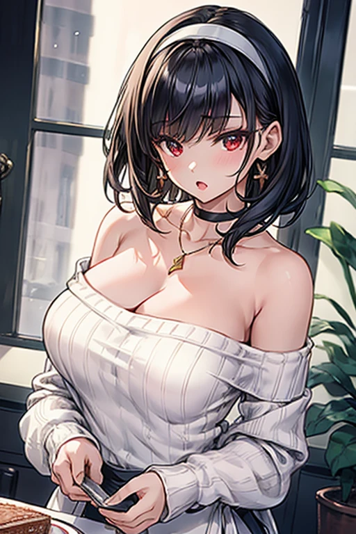 masterpiece, yor, 1girl, Amazing Cleavage:1.3, thin waist, big ass, Raised sexy, medium breast: 1.0 posed cleavage:1.0、solo, looking at viewer, open mouth, have a cup of coffee,black hair, red eyes, dress, bare shoulders, jewelry, collarbone, sidelocks, hairband, earrings, indoors, off shoulder, :o, sweater, arms behind back, plant, short hair with long locks, white hairband, off-shoulder dress, sweater dress, off-shoulder sweater, red sweater, big side hair, very long side hair,is rendered in (masterpiece: 1.2, best quality), with (ultra high resolution) and an exquisite (depth of field). This masterpiece is not only visually stunning but also tells, make of cake cooking ,in the kitchen
