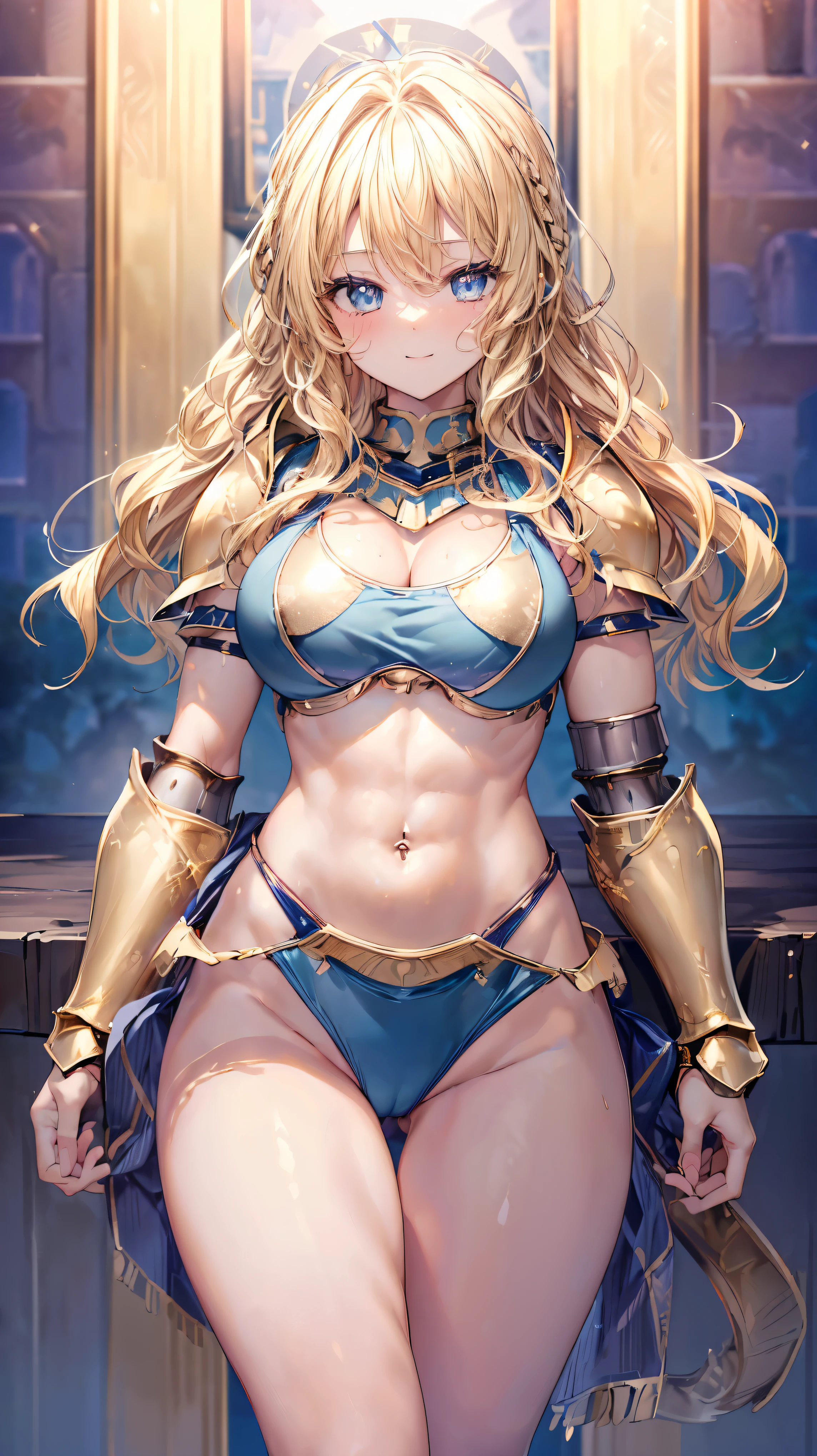 Very detailed、highest quality、Best image quality、masterpiece、8k、Anime Face、A kind smile、Open your mouth、Sparkling blue eyes、(Blonde wavy hair:1.5)、、Muscles of the whole body、camisole、Thigh belt、mini skirt、(Wearing gold bikini armor:1.5)、(Cowboy Shot:1.5)、(Leg armor:1.5)、Armor