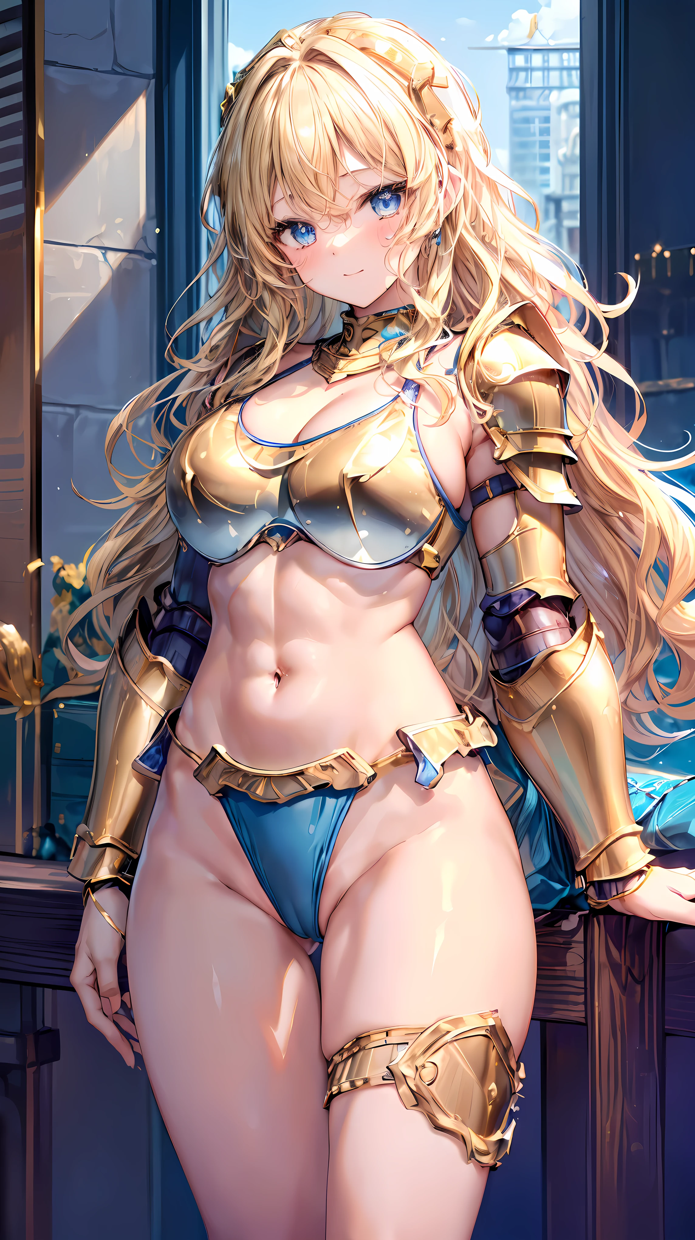 Very detailed、highest quality、Best image quality、masterpiece、8k、Anime Face、A kind smile、Open your mouth、Sparkling blue eyes、(Blonde wavy hair:1.5)、、Muscles of the whole body、camisole、Thigh belt、mini skirt、(Wearing gold bikini armor:1.5)、(Cowboy Shot:1.5)、(Leg armor:1.5)、Armor