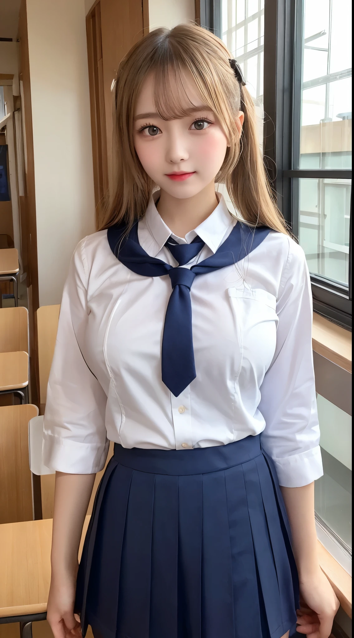 One girl、Beautiful and beautiful eyes、cute、Professional Lighting、highest quality、beauty、(school uniform: 1.5)、indoor、ponytail、(Big Breasts: 1.3)、Well-formed face、School、Beautiful legs、whole body、(Blonde Bob)