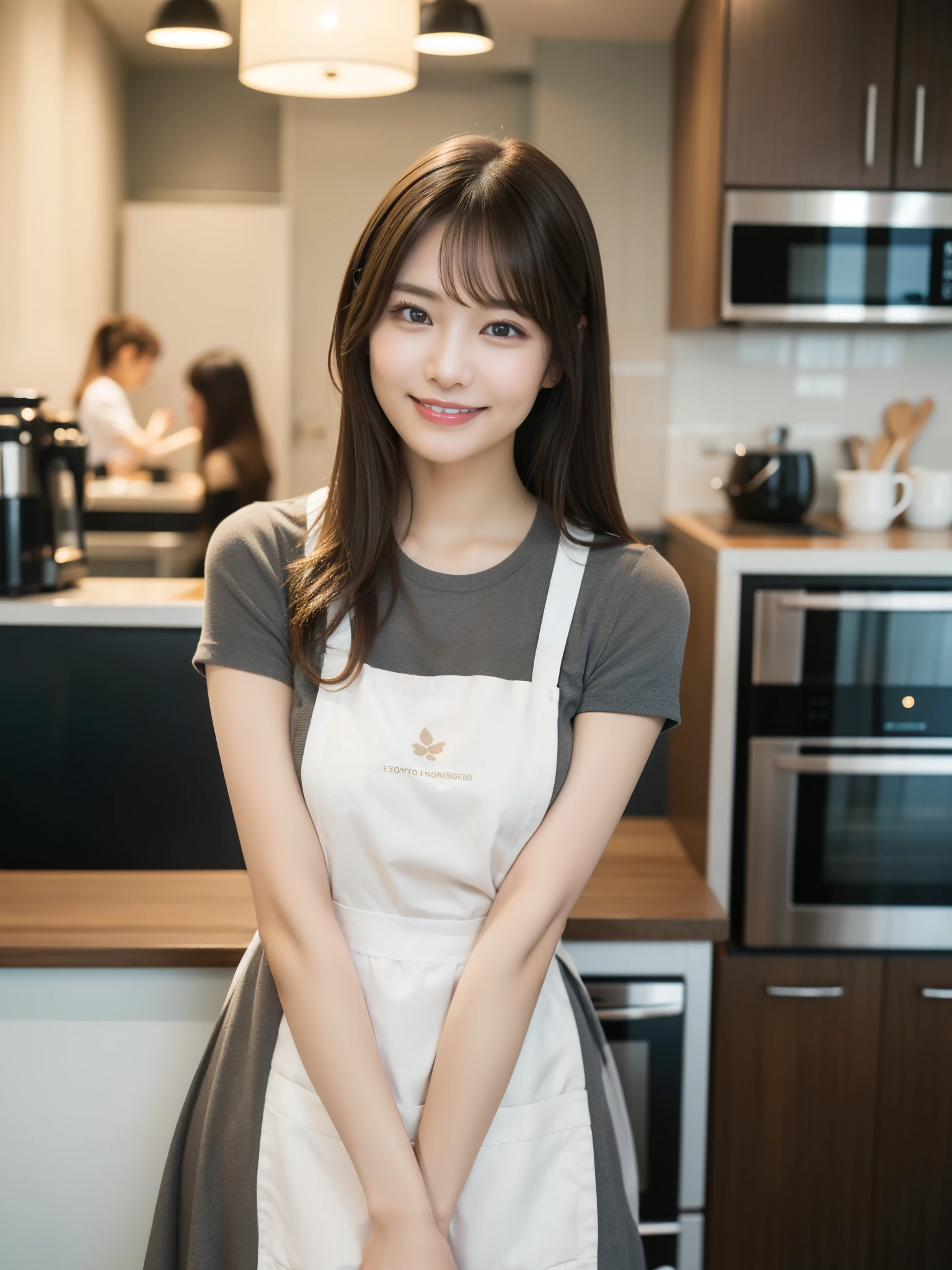 In 8K,highest quality:1.4, Ultra-high resolution:1.5, (Realistic:1.4),masterpiece:1.2,(highest quality:1.4)、 RAW Photos、 1Japanese Girls、 cute、Big Breasts:1.5、 (alone:1.8)、kitchen、 (mysterious smile:1.3), Smooth skin、30 years old:1.5、Beautiful dark eyes、Natural skin texture:1.3, Realistic eye and facial details:1.8、 (Brown medium hair,bangs), (Touching your hair:1.4)、Nogizaka、cute colorful apron、Cafe staff、Flexible fingertips、Beautiful dark eyes、Natural skin texture:1.3, Realistic eye and facial details:1.7、Looking at the audience、Full Body Shot:1.8、Beautiful legs、gravure、Attractive girl、Thighs、Are standing、coffee