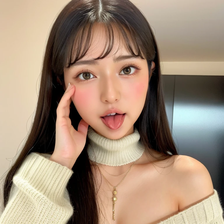 ,(tareme:1.4),(cute face),huge breasts,(beautiful japanese idol),light makeup,happy,straight hair,tongue,sweaty,look at viewer,off-the -shoulder sweater,shiny skin,cleavage,fellatio gesture,hands on face,