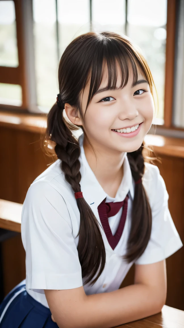 Lens 135mm f1.8, (highest quality),(RAW photo), , (Beautiful 18 year old Japanese girl), cute face, (deeply carved face:0.7), (freckles:0.6), , (japanese school half slveeves gymuniform), (inside the school in the classroom), shy, twintails, (cowboy shots of:1.2), (embarrassed smile),, (sparkling eyes)、arms at sides, , standing, ,