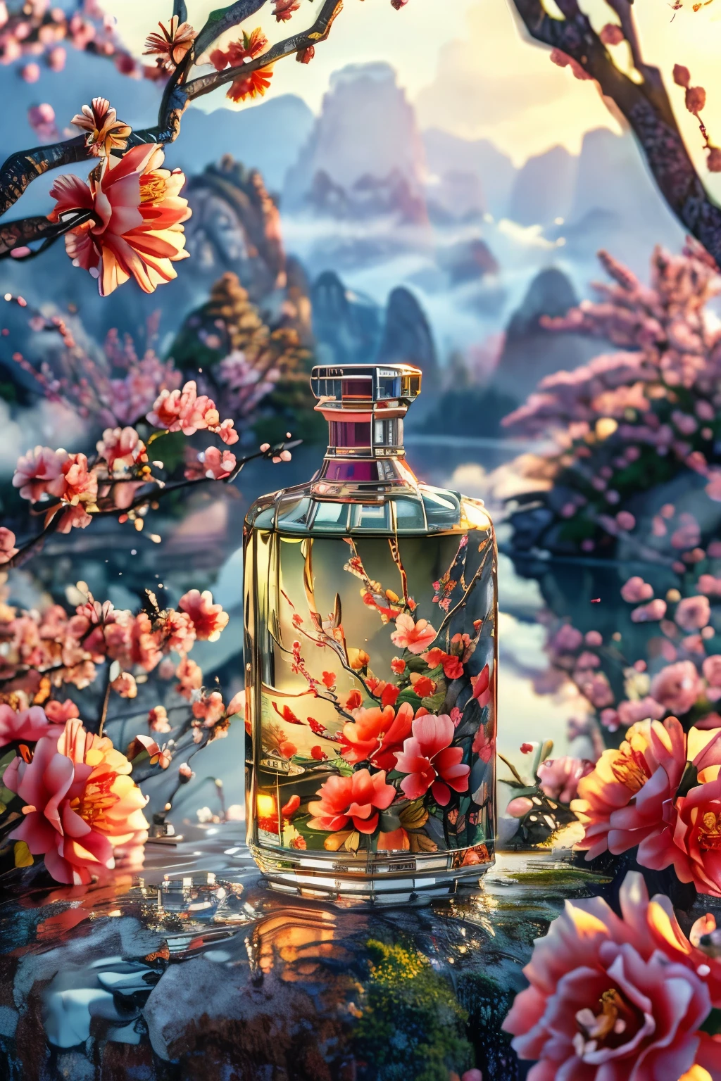 Best quality,masterpiece,ultra high res,(photorealistic:1.4),4k,finely detailed,
paint,flower,no humans,blurry,scenery,bug,mountain,depth of field,blurry background,water,branch,outdoors,reflection,day,cloud,bottle,cherry blossoms,butterfly,tree,pink flower,sky,