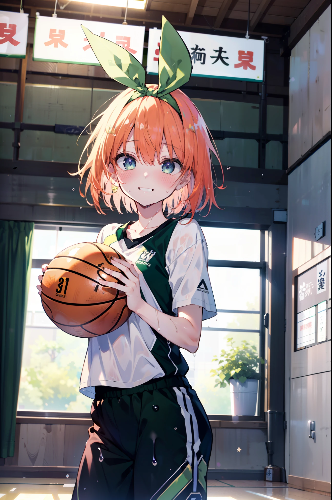 yotsubanakano, Yotsuba Nakano, bangs, short hair, blue eyes, Hair between the eyes, hair ribbon, hair band, Orange Hair, (Green ribbon:1.5), smile, Grin,smile,Sweat,Wet Skin,
(Dynamic pose:1.2), /(Basketball Uniforms/Basketball Pants), /bangs, (highest qualityのmasterpiece:1.2) Delicate illustrations with super detail, Big Break /(市民gym/) indoor, audience、
break indoors, gym,
break looking at viewer, (Cowboy Shot:1.5),
break (masterpiece:1.2), highest quality, High resolution, unity 8k wallpaper, (figure:0.8), (Beautiful fine details:1.6), Highly detailed face, Perfect lighting, Highly detailed CG, (Perfect hands, Perfect Anatomy),