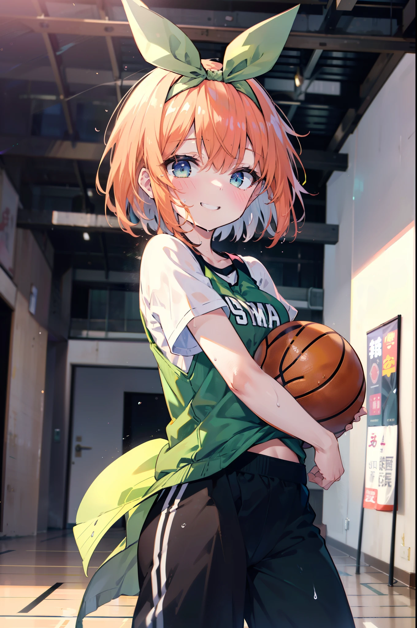 yotsubanakano, Yotsuba Nakano, bangs, short hair, blue eyes, Hair between the eyes, hair ribbon, hair band, Orange Hair, (Green ribbon:1.5), smile, Grin,smile,Sweat,Wet Skin,
(Dynamic pose:1.2), /(Basketball Uniforms/Basketball Pants), /bangs, (highest qualityのmasterpiece:1.2) Delicate illustrations with super detail, Big Break /(市民gym/) indoor, audience、
break indoors, gym,
break looking at viewer, (Cowboy Shot:1.5),
break (masterpiece:1.2), highest quality, High resolution, unity 8k wallpaper, (figure:0.8), (Beautiful fine details:1.6), Highly detailed face, Perfect lighting, Highly detailed CG, (Perfect hands, Perfect Anatomy),