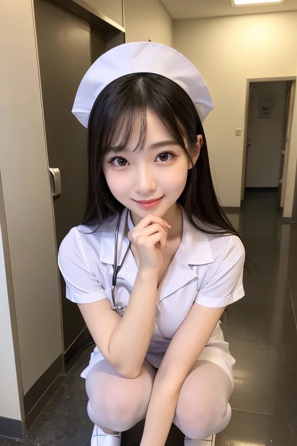 (1Girl)、(Beautiful Japanese、22years old,round face、Refreshing、clear、seems kind、stylish、Pitiful、cute like an angel、cute、black eyes、,actress,Single eyelid), Good style , (Beautiful big breasts:1.2),(soft breasts),(very cute),(Black Hair),(long hair),(Straight Hair),(highlight on eyes:1.2)、(8K、Live shooting、highest quality、masterpiece:1.2、optimal lighting)、((masterpiece)),(Photo taken by a professional photographer),(real、photo real:1.4),break,{ (White nurse costume),(((taraditional nurse uniform))),(White nurse mini skirt),(( pantyhose)),(cleavage:0.9)},(Serious face),(cheeks are red:1.2), break, break,Hospital,Face shot、Hospital corridor、Happy smile、Face close-up、squatting