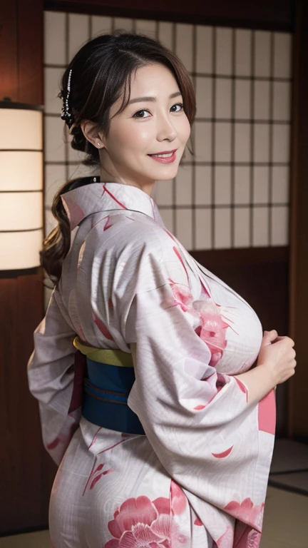 Mature attractive sexy woman,50 years old, ((kimono)),(((kimono))),Shut,((Big Breasts:1.2)),(Facial wrinkles:1.3),light makeup,Light brown hair,Long Hair,(Full body photography:0.85),(Emphasize big buttocks),8k, RAW Photos, highest quality, Laughter,masterpiece,highest quality、A gentle smile、A gaze that seduces viewers、Random hairstyle、Japanese-style room、Shoji screen、Lantern、