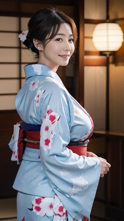 Mature attractive sexy woman,50 years old, ((kimono)),(((kimono))),Shut,((Big Breasts:1.2)),(Facial wrinkles:1.3),light makeup,Light brown hair,Long Hair,(Full body photography:0.85),(Emphasize big buttocks),8k, RAW Photos, highest quality, Laughter,masterpiece,highest quality、A gentle smile、A gaze that seduces viewers、Random hairstyle、Japanese-style room、Shoji screen、Lantern、
