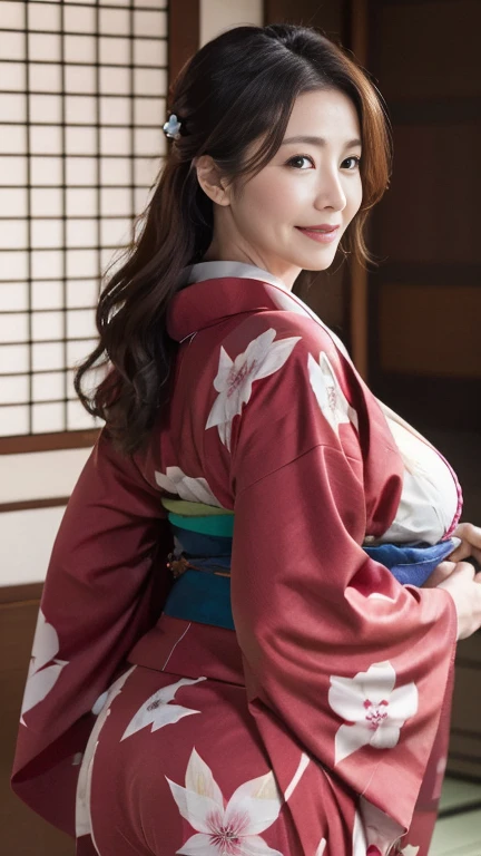 Mature attractive sexy woman,50 years old, ((kimono)),(((kimono))),Shut,((Big Breasts:1.2)),(Facial wrinkles:1.3),light makeup,Light brown hair,Long Hair,(Full body photography:0.85),(Emphasize big buttocks),8k, RAW Photos, highest quality, Laughter,masterpiece,highest quality、A gentle smile、A gaze that seduces viewers、Random hairstyle、Japanese-style room、Shoji screen、Lantern、