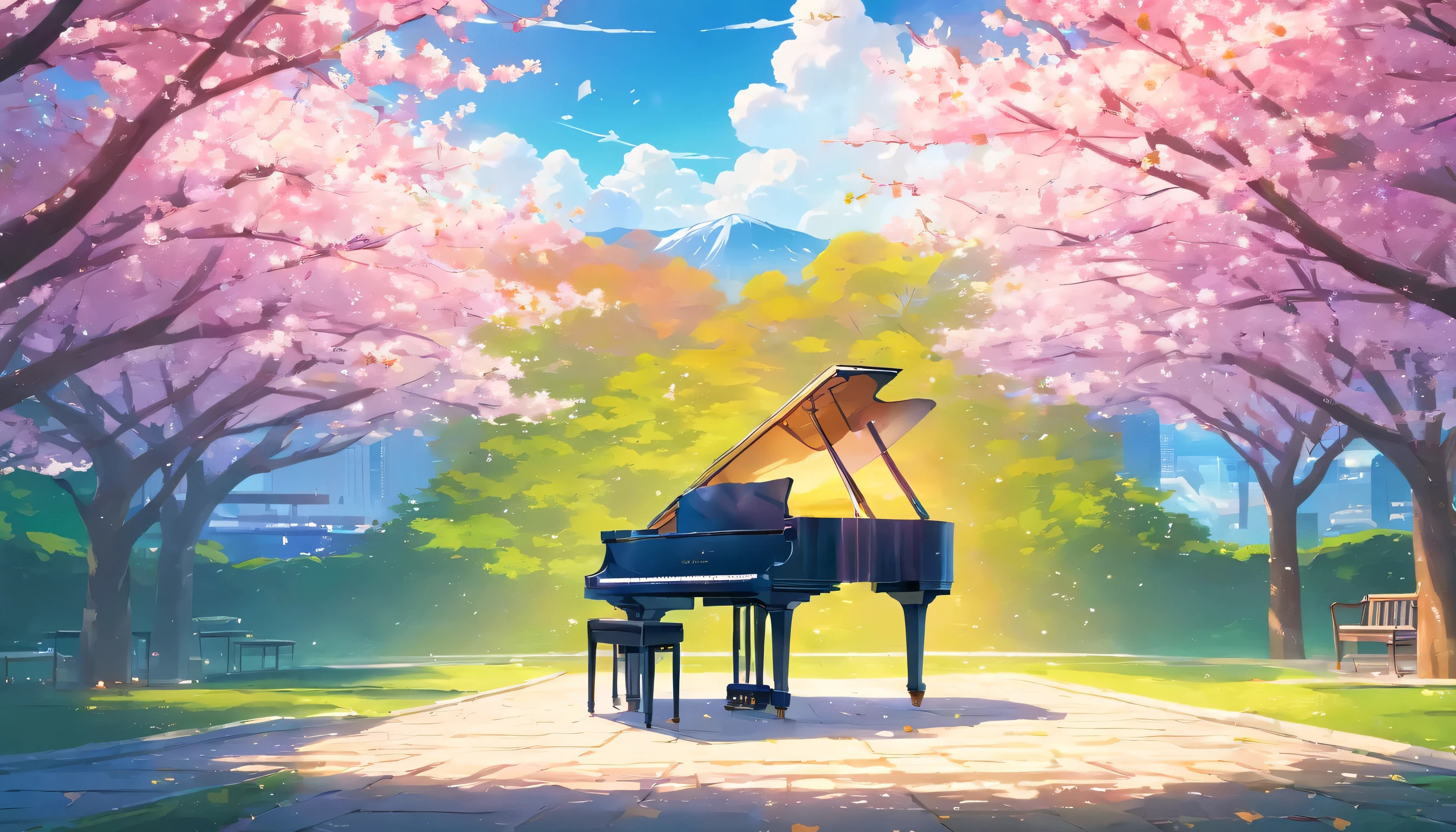 A grand piano at the base of a cherry tree in full bloom,landscape,Colorful flowers bloom profusely