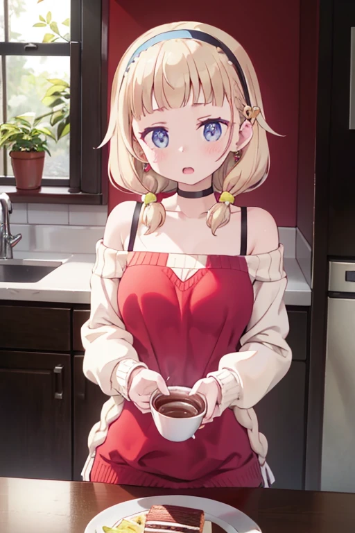 masterpiece, yor, 1girl, Amazing Cleavage:1.3, thin waist, big ass, Raised sexy, medium breast: 1.8 posed cleavage:1.2、solo, looking at viewer, open mouth, have a cup of coffee,black hair, red eyes, dress, bare shoulders, jewelry, collarbone, sidelocks, hairband, earrings, indoors, off shoulder, :o, sweater, arms behind back, plant, short hair with long locks, white hairband, off-shoulder dress, sweater dress, off-shoulder sweater, red sweater, big side hair, very long side hair,is rendered in (masterpiece: 1.2, best quality), with (ultra high resolution) and an exquisite (depth of field). This masterpiece is not only visually stunning but also tells, make of cake cooking ,in the kitchen