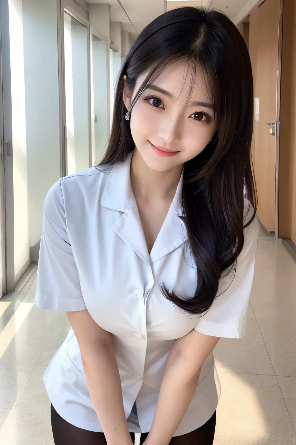 (1Girl)、(Beautiful Japanese、22years old,round face、Refreshing、clear、seems kind、stylish、Pitiful、cute like an angel、cute、black eyes、,actress,Single eyelid), Good style , (Beautiful big breasts:1.2),(soft breasts),(very cute),(Black Hair),(long hair),(Straight Hair),(highlight on eyes:1.2)、(8K、Live shooting、highest quality、masterpiece:1.2、optimal lighting)、((masterpiece)),(Photo taken by a professional photographer),(real、photo real:1.4),break,{ (White nurse costume),(((taraditional nurse uniform))),(White nurse mini skirt),(( pantyhose)),(cleavage:0.9)},(Serious face),(cheeks are red:1.2), break, break,Hospital,Face shot、Hospital corridor、Happy smile、Face close-up、