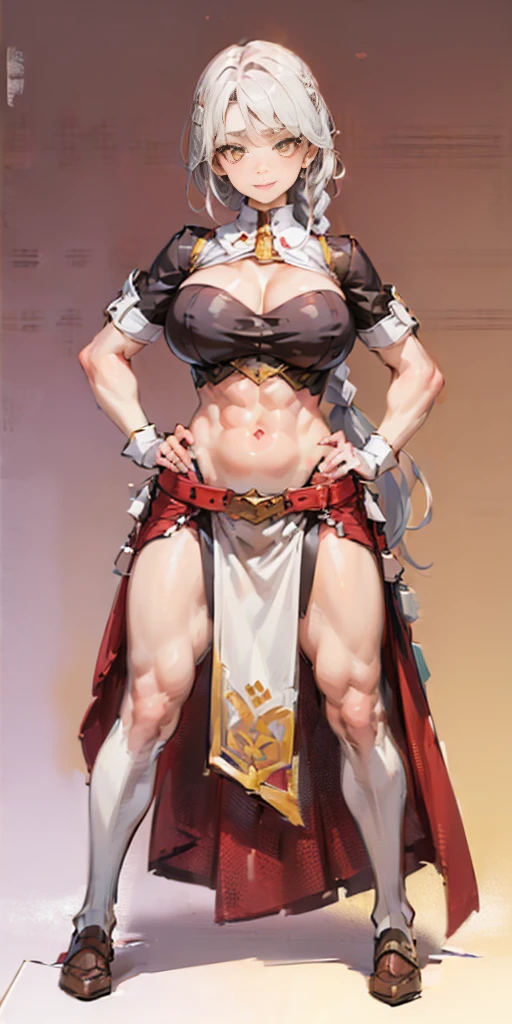 (((Plain background 1:2))) (masterpiece, high quality: 1.1) 1girl full body standing, hairstyle with a braid, white colored hair, yellow eyes, perfect lighting, muscular, thighs, mature woman, mummy, bellybutton, abs, looks at the viewer smile RED CHEEKS, extremely huge breasts, maternal, porcelain skin, extra very long hair, sparkly skin, good face, chest cover, HANDS ON HIPS