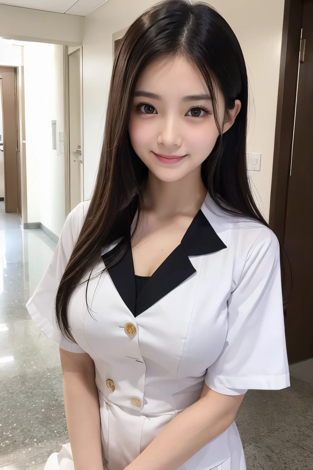 (1Girl)、(Beautiful Japanese、22years old,round face、Refreshing、clear、seems kind、stylish、Pitiful、cute like an angel、cute、black eyes、,actress,Single eyelid), Good style , (Beautiful big breasts:1.2),(soft breasts),(very cute),(Black Hair),(long hair),(Straight Hair),(highlight on eyes:1.2)、(8K、Live shooting、highest quality、masterpiece:1.2、optimal lighting)、((masterpiece)),(Photo taken by a professional photographer),(real、photo real:1.4),break,{ (White nurse costume),(((taraditional nurse uniform))),(White nurse mini skirt),(( pantyhose)),(cleavage:0.9)},(Serious face),(cheeks are red:1.2), break, break,Hospital,Face shot、Hospital corridor、Happy smile、Face close-up、