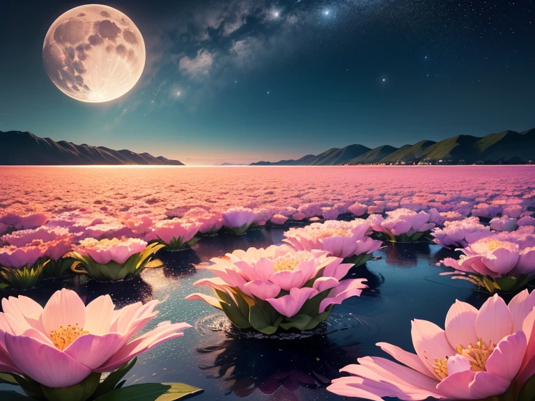 Sea of Flowers/Sea of Flowers/Sea of Flowers、Shibazakura.Star-filled sky.full moon、Night Sky、Peach-colored flowers.(highest quality,4K,8k,High resolution,masterpiece:1.2),Very detailed,(Actual,photoActual,photo-Actual:1.37),Sea of Flowers