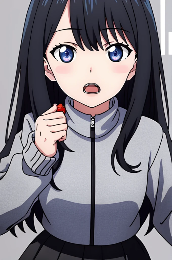 ((best quality)),((highly detailed)),masterpiece,absurdres,detailed face,beautiful face,(detailed eyes, deep eyes),1girl,((dynamic pose)) ,   Rikka, food, blue eyes, solo, black hair, sweater, long hair, jacket, white sweater, looking at viewer, open mouth, holding, bangs, long sleeves, grey background, open clothes, simple background, upper body, teeth, character name, hand up, black skirt, skirt