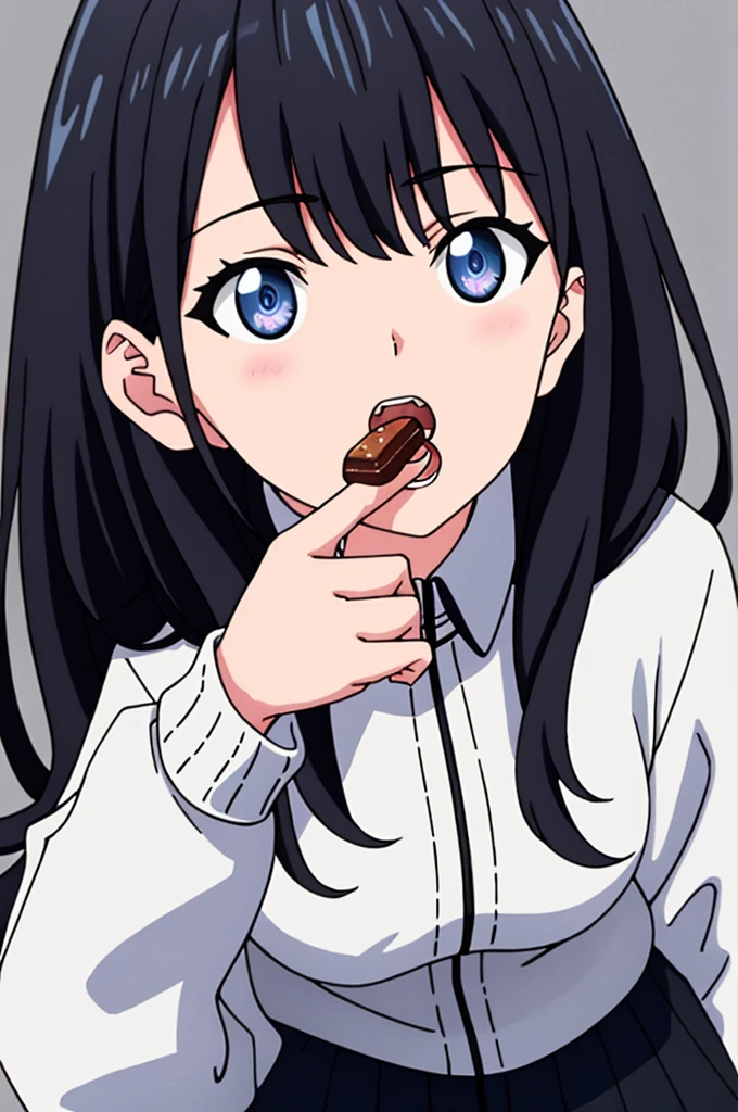 ((best quality)),((highly detailed)),masterpiece,absurdres,detailed face,beautiful face,(detailed eyes, deep eyes),1girl,((dynamic pose)) ,   Rikka, food, blue eyes, solo, black hair, sweater, long hair, jacket, white sweater, looking at viewer, open mouth, holding, bangs, long sleeves, grey background, open clothes, simple background, upper body, teeth, character name, hand up, black skirt, skirt