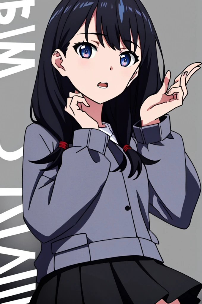 ((best quality)),((highly detailed)),masterpiece,absurdres,detailed face,beautiful face,(detailed eyes, deep eyes),1girl,((dynamic pose)) ,   Rikka, food, blue eyes, solo, black hair, sweater, long hair, jacket, white sweater, looking at viewer, open mouth, holding, bangs, long sleeves, grey background, open clothes, simple background, upper body, teeth, character name, hand up, black skirt, skirt