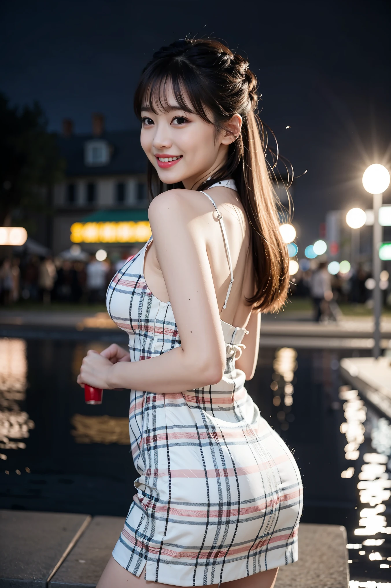 ((8K:1.27)、top-quality、masterpiece、超A high resolution:1.2)Photo Beautiful Japan woman(pleasing:1.1) Elegance、There is a good、Gradient lighting、1girl in、Delicate skin、Look here、Brown-eyed、(长 hair with bangs:1.2)、(breasts are large:1.0)、(medium areola:0.8)、(realisitic:1.4)、(top-quality:1.0)、(超A high resolution:1.0)、8K、Raw photography、(masterpiece:0.2)、(pureerosface_v1:0.5)、 Sleeveless、Kamimei、excited expressions、Red cheeks、want me、Staring at this、a park、natta、The fountain、Streetlight、total darkness、deep in the night、Facing、Ass big、Angle from the front、Lean、Colossal 、A smile、Burberry、beige、Tartan Plaid Dress、Tight silhouette、