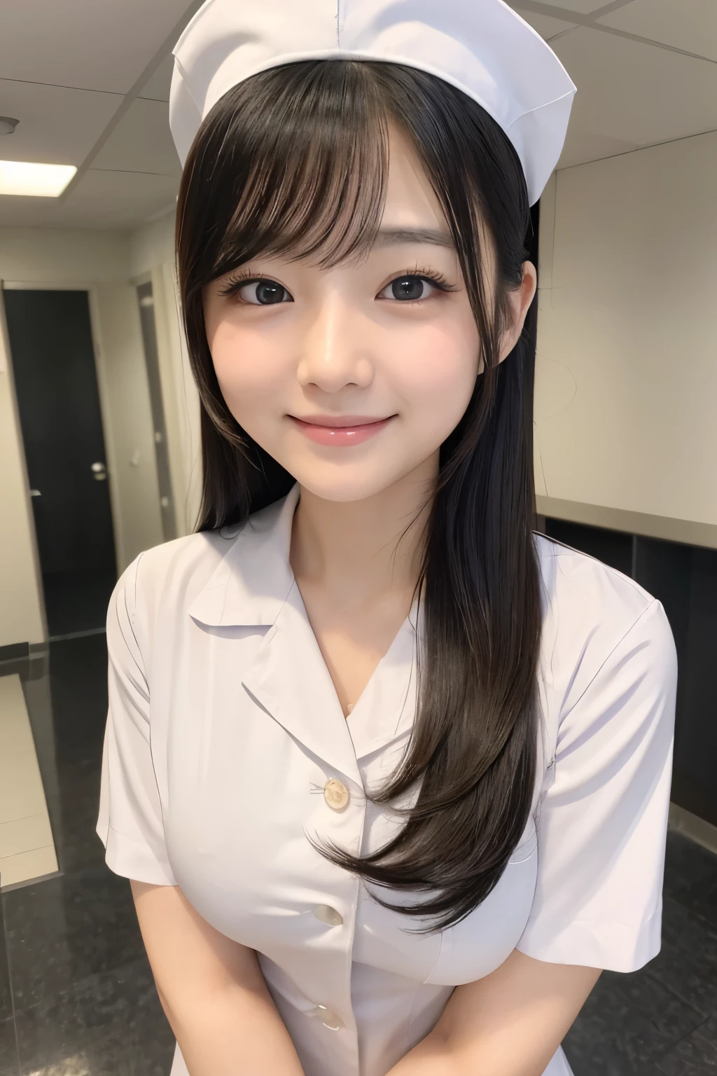 (1Girl)、(Beautiful Japanese、22years old,round face、Refreshing、clear、seems kind、stylish、Pitiful、cute like an angel、cute、black eyes、,actress,Single eyelid), Good style , (Beautiful big breasts:1.2),(soft breasts),(very cute),(Black Hair),(long hair),(Straight Hair),(highlight on eyes:1.2)、(8K、Live shooting、highest quality、masterpiece:1.2、optimal lighting)、((masterpiece)),(Photo taken by a professional photographer),(real、photo real:1.4),break,{ (White nurse costume),(((taraditional nurse uniform))),(White nurse mini skirt),(( pantyhose)),(cleavage:0.9)},(Serious face),(cheeks are red:1.2), break, break,Hospital,Face shot、Hospital corridor、Happy smile、Face close-up、