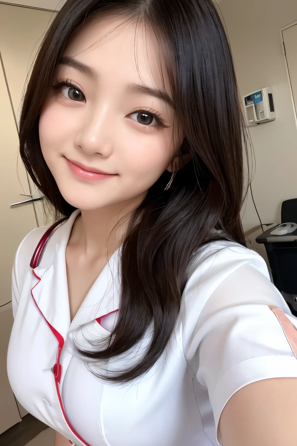(1Girl)、(Beautiful Japanese、22years old,round face、Refreshing、clear、seems kind、stylish、Pitiful、cute like an angel、cute、black eyes、,actress,Single eyelid), Good style , (Beautiful big breasts:1.2),(soft breasts),(very cute),(Black Hair),(long hair),(Straight Hair),(highlight on eyes:1.2)、(8K、Live shooting、highest quality、masterpiece:1.2、optimal lighting)、((masterpiece)),(Photo taken by a professional photographer),(real、photo real:1.4),break,{ (White nurse costume),(((taraditional nurse uniform))),(White nurse mini skirt),(( pantyhose)),(cleavage:0.9)},(Serious face),(cheeks are red:1.2), break, break,Hospital,Face shot、Hospital room,bed、Happy smile、Face close-up、