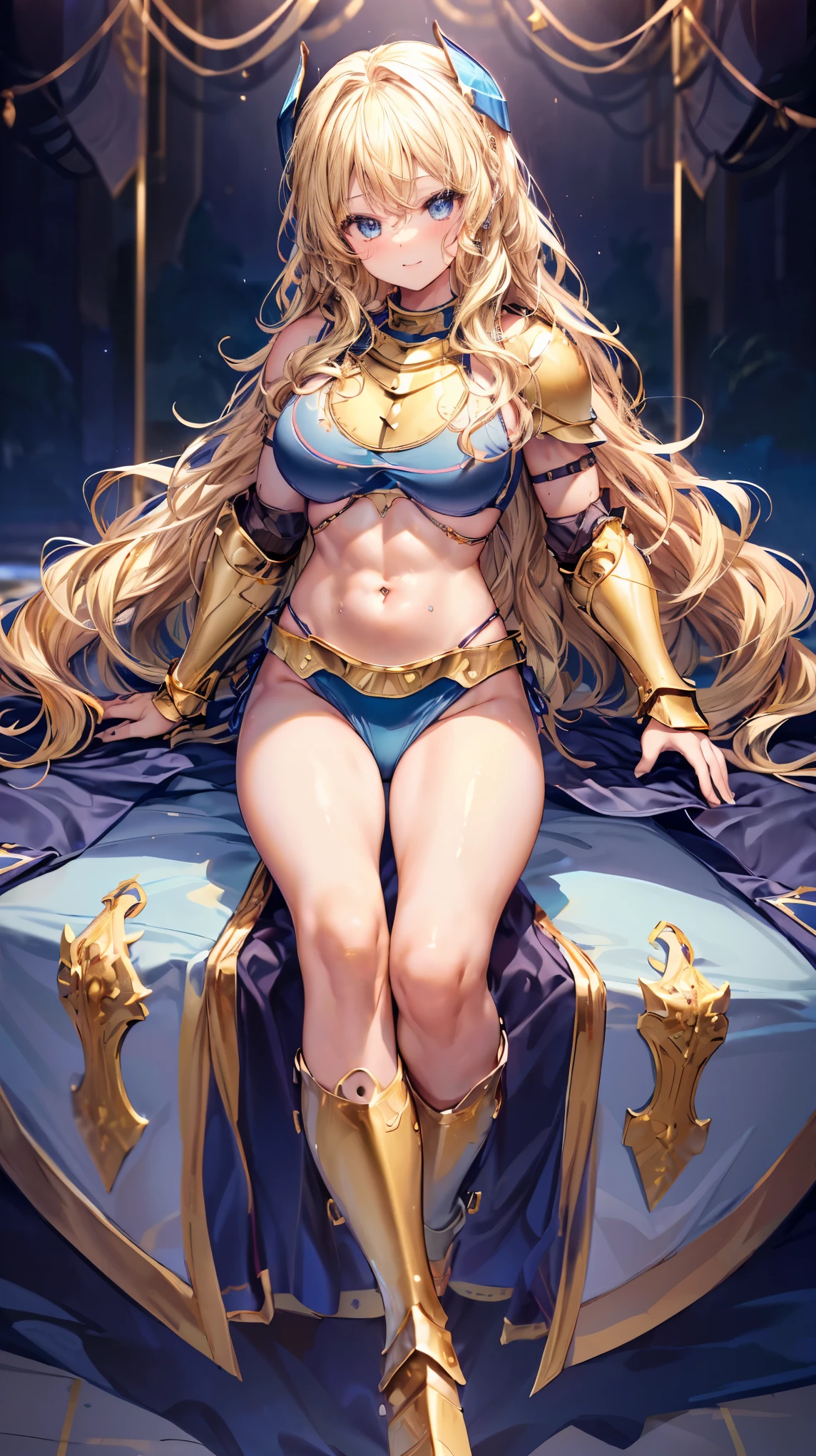 Very detailed、highest quality、Best image quality、masterpiece、8k、Anime Face、A kind smile、Open your mouth、Sparkling blue eyes、(Blonde wavy hair:1.5)、、Muscles of the whole body、camisole、Thigh belt、mini skirt、(Wearing gold bikini armor:1.5)、(Cowboy Shot:1.5)、(Leg armor:1.5)、Armor