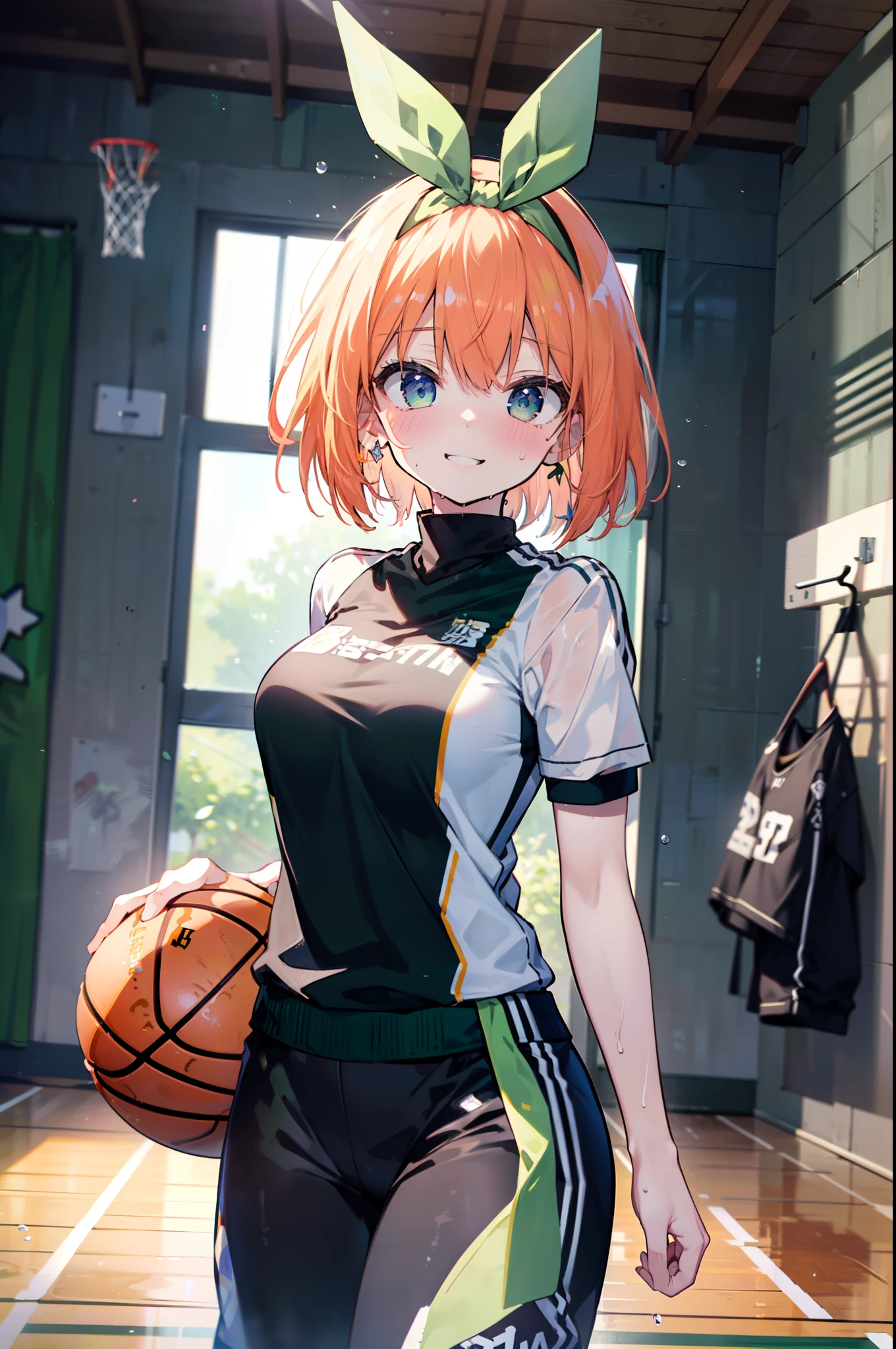 yotsubanakano, Yotsuba Nakano, bangs, short hair, blue eyes, Hair between the eyes, hair ribbon, hair band, Orange Hair, (Green ribbon:1.5), smile, Grin,smile,Sweat,Wet Skin,
(Dynamic pose:1.2), /(Basketball Uniforms/Basketball Pants), /bangs, (highest qualityのmasterpiece:1.2) Delicate illustrations with super detail, Big Break /(市民gym/) indoor, audience、
break indoors, gym,
break looking at viewer, (Cowboy Shot:1.5),
break (masterpiece:1.2), highest quality, High resolution, unity 8k wallpaper, (figure:0.8), (Beautiful fine details:1.6), Highly detailed face, Perfect lighting, Highly detailed CG, (Perfect hands, Perfect Anatomy),