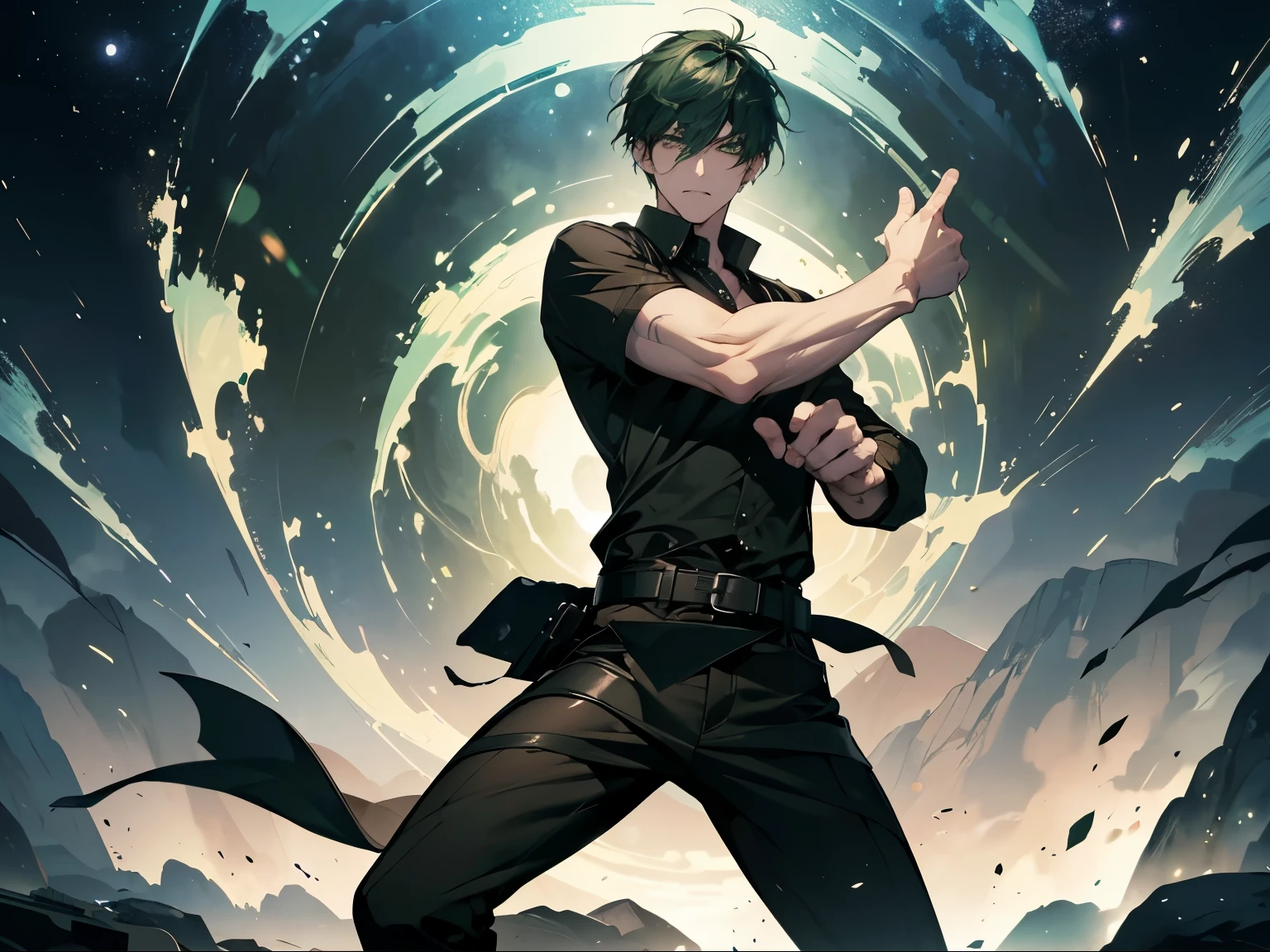 1 male,, 26 year old, masculine, short green hair, Attractive, black leather shirt, Black belt, Black pants, Beautiful green eyes、beautiful short hair、no expression, Trending on ArtStation, 8K resolution, Highly detailed, Anatomically correct, Sharp Image, Digital Painting, Concept art, of the highest quality、galaxy background, fighting position