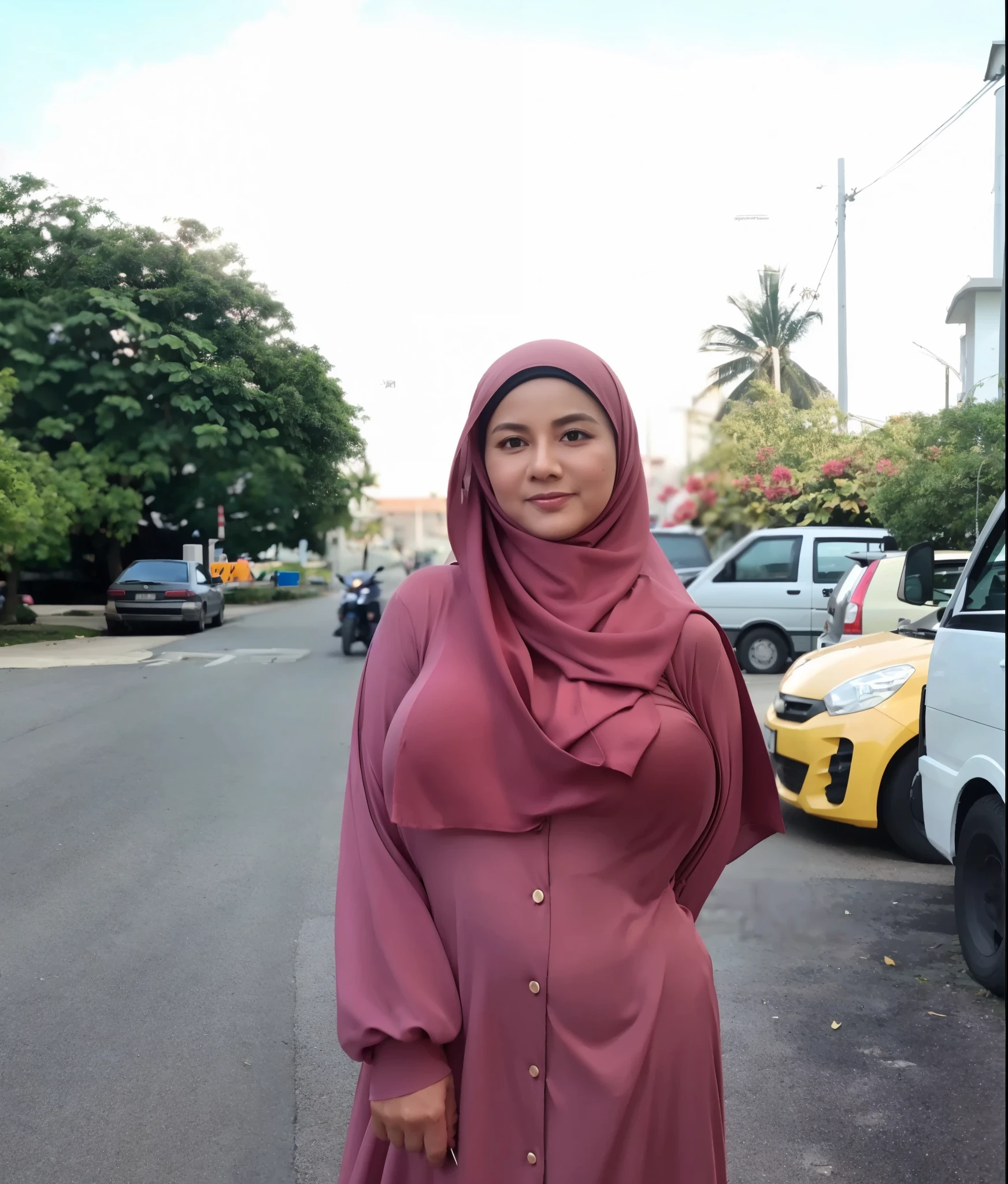 50 years Old, Hijab Indonesian woman, Big Ti9, Gamis, Breast out froclothes : 1.9, at doctor office, Dark light, at Nighttime