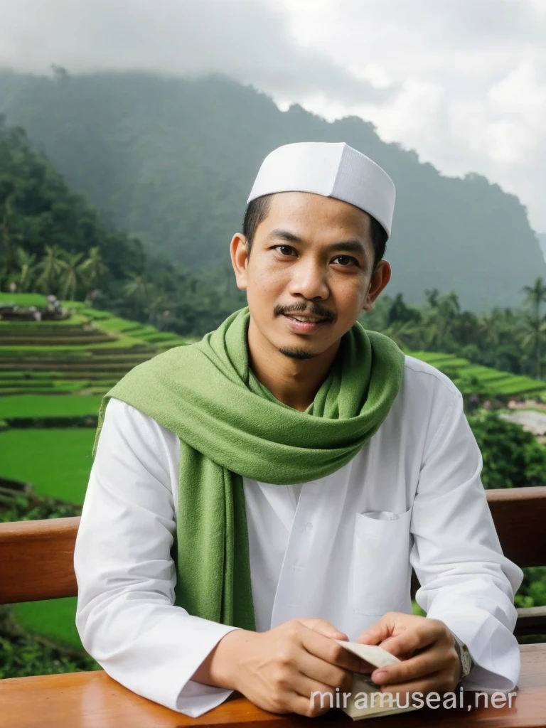 seorang pria indonesia umur 23 tahun, wajah berbentuk oval, (wajah sangat bersih), mengenakan pakaian tradisional, termasuk jubah putih dan mantel hijau. Di kepalanya memakai songkok warna hitam. Latar belakang gambar berwarna biru tua yang kabur, menatap kamera. cahaya alami, kualitas terbaik, mata realistis, sangat detail, resolusi ultra tinggi, long shot