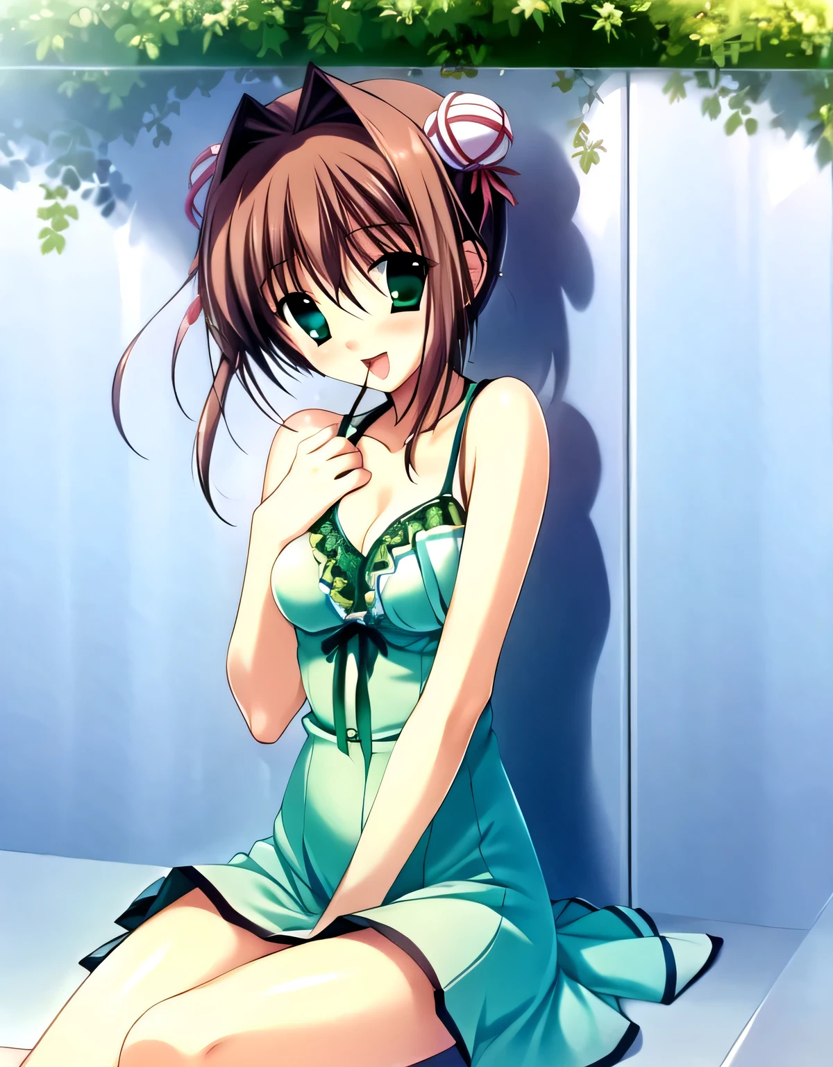 asakura_yume,Brown Hair,Medium Chest,Aqua Eye,White skin,Izakaya,((Sitting)),((Drinking alcohol)),((Bust up shot)),(((((green_Summer Dresses))))),((valley)),No bra,smile,Open your mouth,