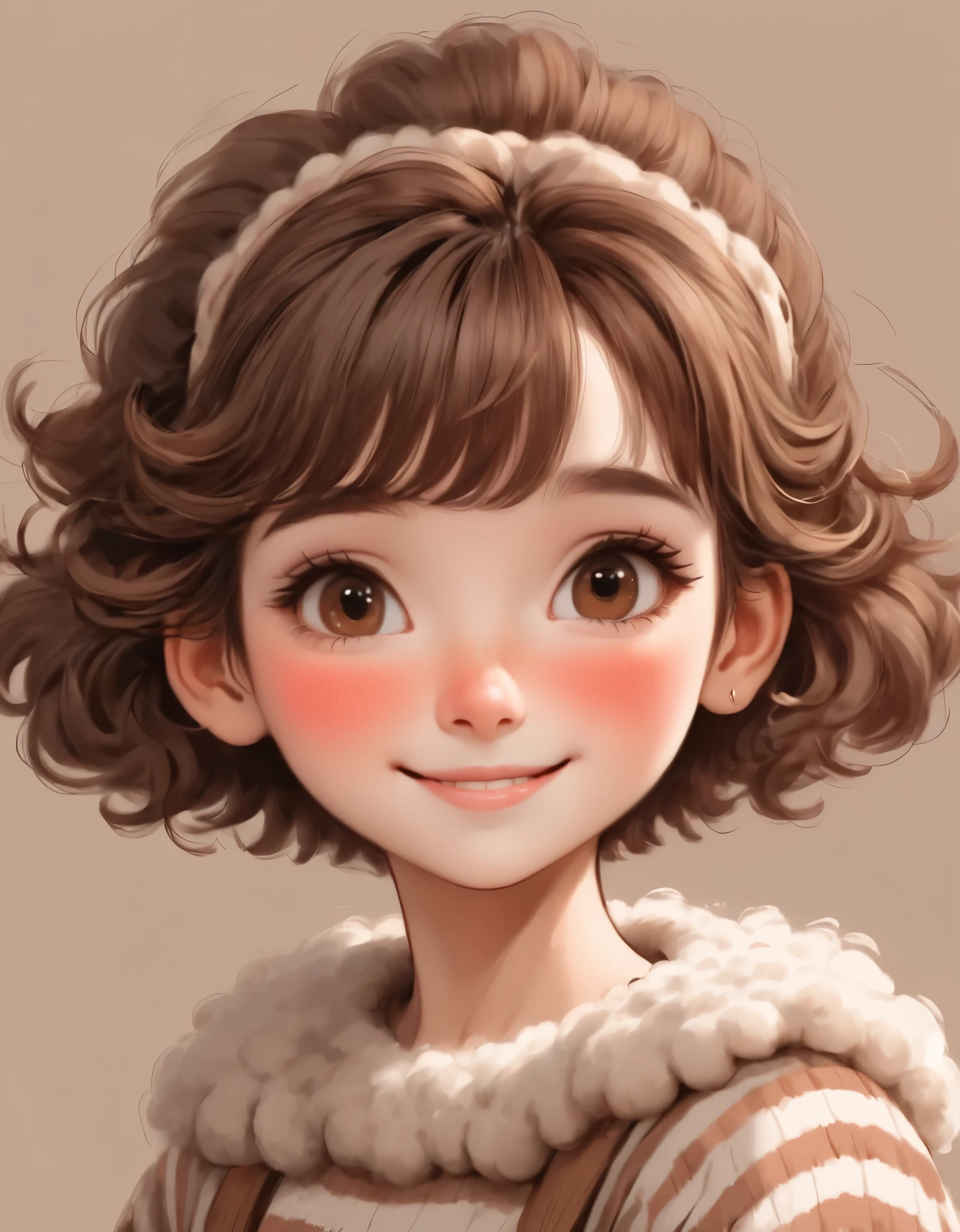 Nellie_Art style, 1 girl, Smile, blush, Looking at the audience, Brown hair, short hair, Brown eyes, sheep, Bangs, solitary, Striped, Simple background, Fluffy, Brown background