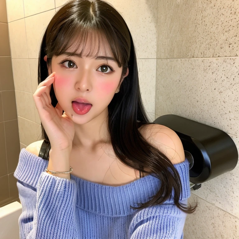 ,(tareme:1.4),(cute face),huge breasts,(beautiful japanese idol),light makeup,happy,straight hair,tongue,sweaty,look at viewer,off-the -shoulder sweater,shiny skin,cleavage,fellatio gesture,at restroom stall,face focus