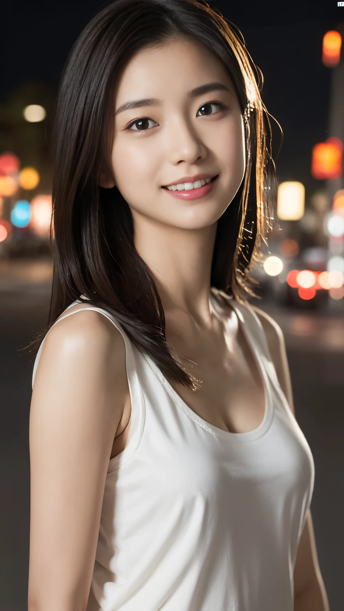 Close-up photo of the face、1 girl, (Elegant white tank top:1.2), (RAW Photos, highest quality), (Realistic, Photorealistic:1.4), Tabletop, Very delicate and beautiful, Very detailed, 2k wallpaper, wonderful, finely, Very detailed CG Unity 8K 壁紙, Very detailed, High resolution, Soft Light, Beautiful detailed girl, Very detailed目と顔, Beautiful and detailed nose, finelyて美しい目, Cinema Lighting, City lights at night, Perfect Anatomy, Slender body, smile