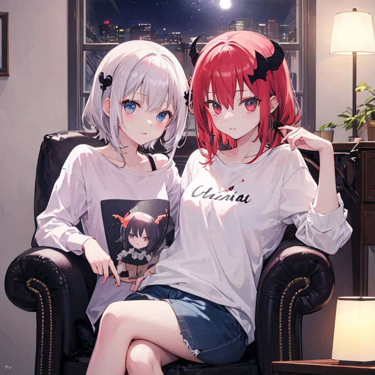 Night by the window、Satanichia McDowell in casual clothes poses while sitting in an armchair、The little light coming from the lamp makes her face glow slightly.。