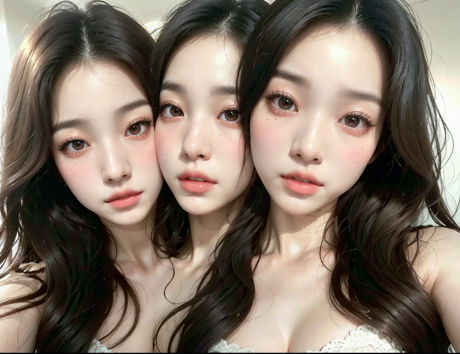 bestresolution, (2heads:1.2), three women with long hair and red lipstick posing for a picture, ulzzang, wan adorable korean face, jaeyeon nam, inspired by Ma Yuanyu, jinyoung shin, with cute doting eyes, cute korean actress, kim doyoung, with cute - fine - face, korean symmetrical face, high-quality 4k portrait, [ realistic photography ]