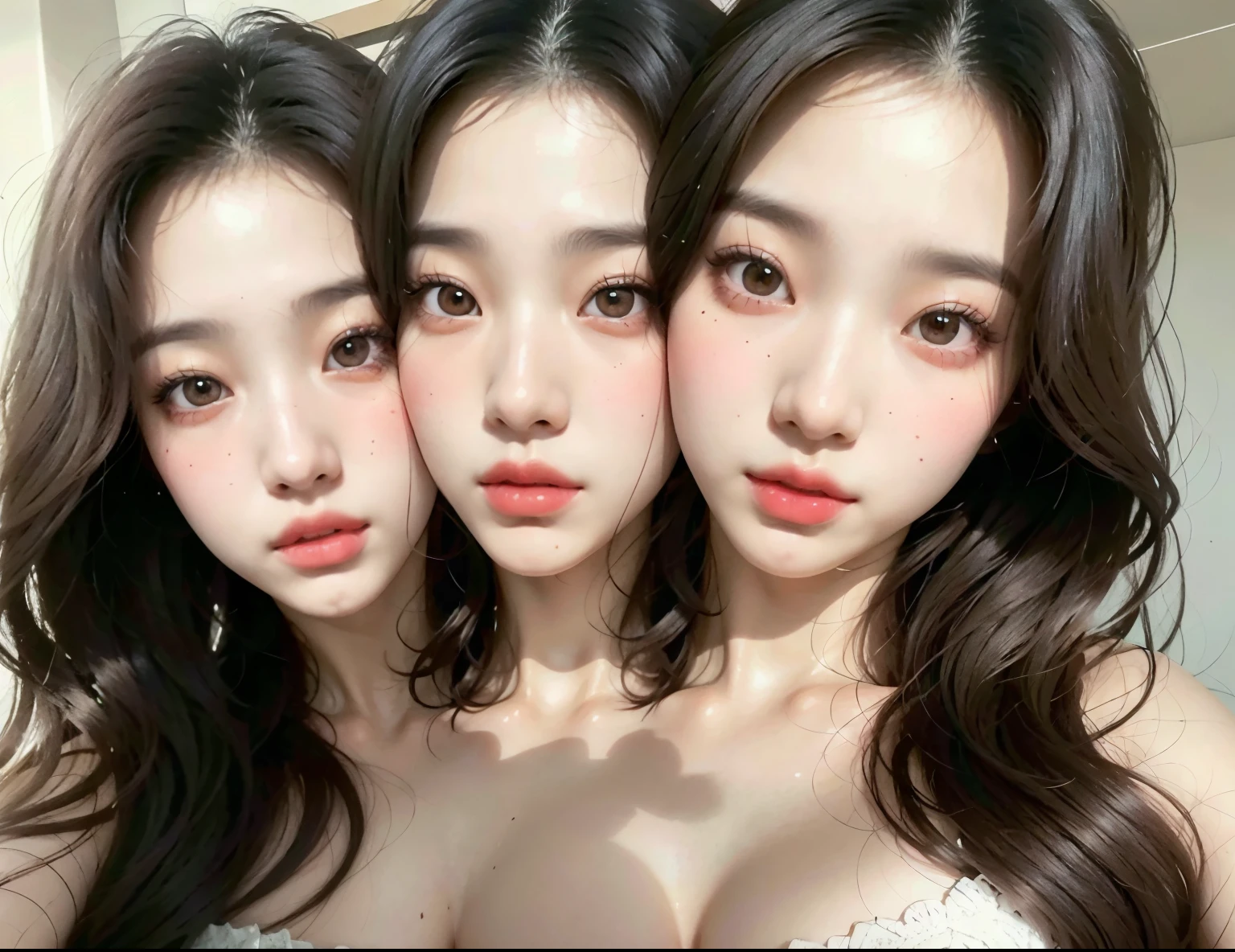 bestresolution, (2heads:1.2), three women with long hair and red lipstick posing for a picture, ulzzang, wan adorable korean face, jaeyeon nam, inspired by Ma Yuanyu, jinyoung shin, with cute doting eyes, cute korean actress, kim doyoung, with cute - fine - face, korean symmetrical face, high-quality 4k portrait, [ realistic photography ]