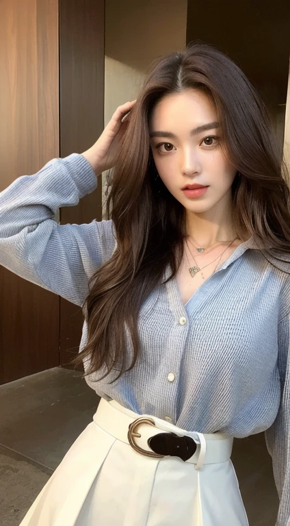 (highest quality, High resolution, masterpiece :1.3), Tall and beautiful woman, Slim Abs, Dark brown hair styled in loose waves, Wear a pendant, White button-up shirt, belt, Black Skirt, (Modern architecture in the background), Exquisite expression of facial and skin texture details, Fine grain, double eyelid