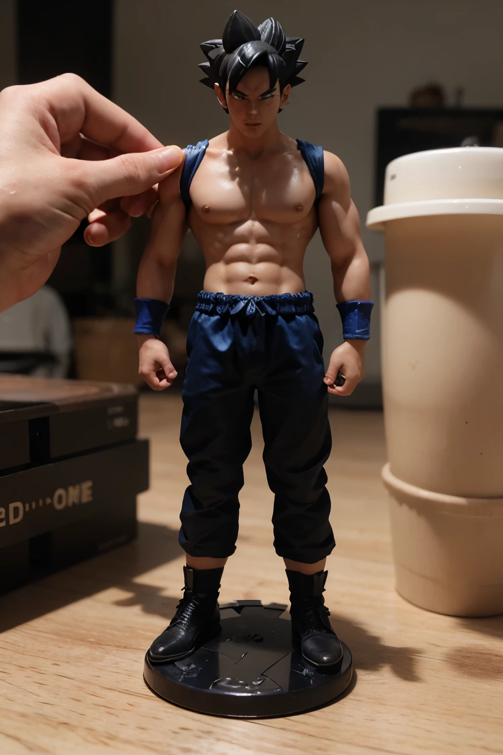 3D printed Goku, The image ratio is 1:1, The model is blue，With glue feeling，Gloss，HD，lifelike。