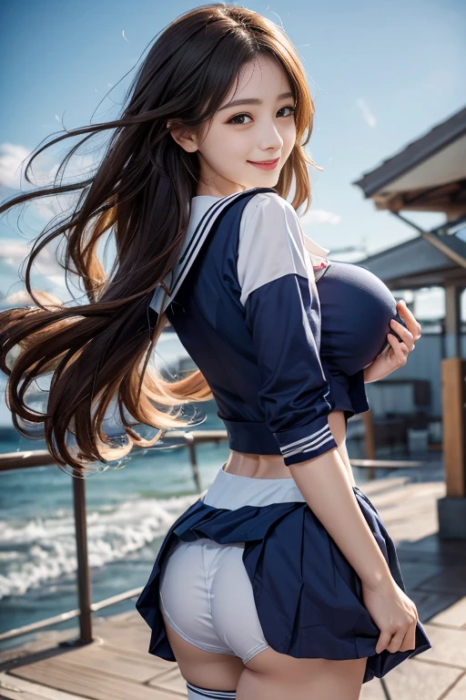 1 female,(((sailor suit))),((skirt)),(wind lift),A skirt that floats up in the wind,Underwear can be seen from inside the skirt,((petticoat)),Back view,look back,looking at the camera,shy、blush,(red cheek),((looks happy:1.3))、:p,thighhighs,((loafers)),curvy thighs,Breathless face、sweating、Excited facial expression、Long Hair、Realistic,High resolution,Soft Light,Large Breasts, blue eyes