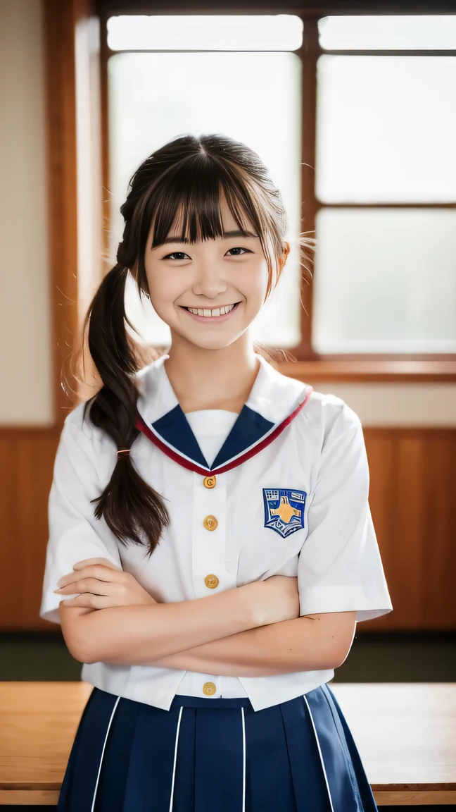 Lens 135mm f1.8, (highest quality),(RAW photo), , (Beautiful 18 year old Japanese girl), cute face, (deeply carved face:0.7), (freckles:0.6), , (japanese school half slveeves gymuniform), (inside the school in the classroom), shy, twintails, (cowboy shots of:1.2), (embarrassed smile),, (sparkling eyes)、arms down at sides, , standing, ,