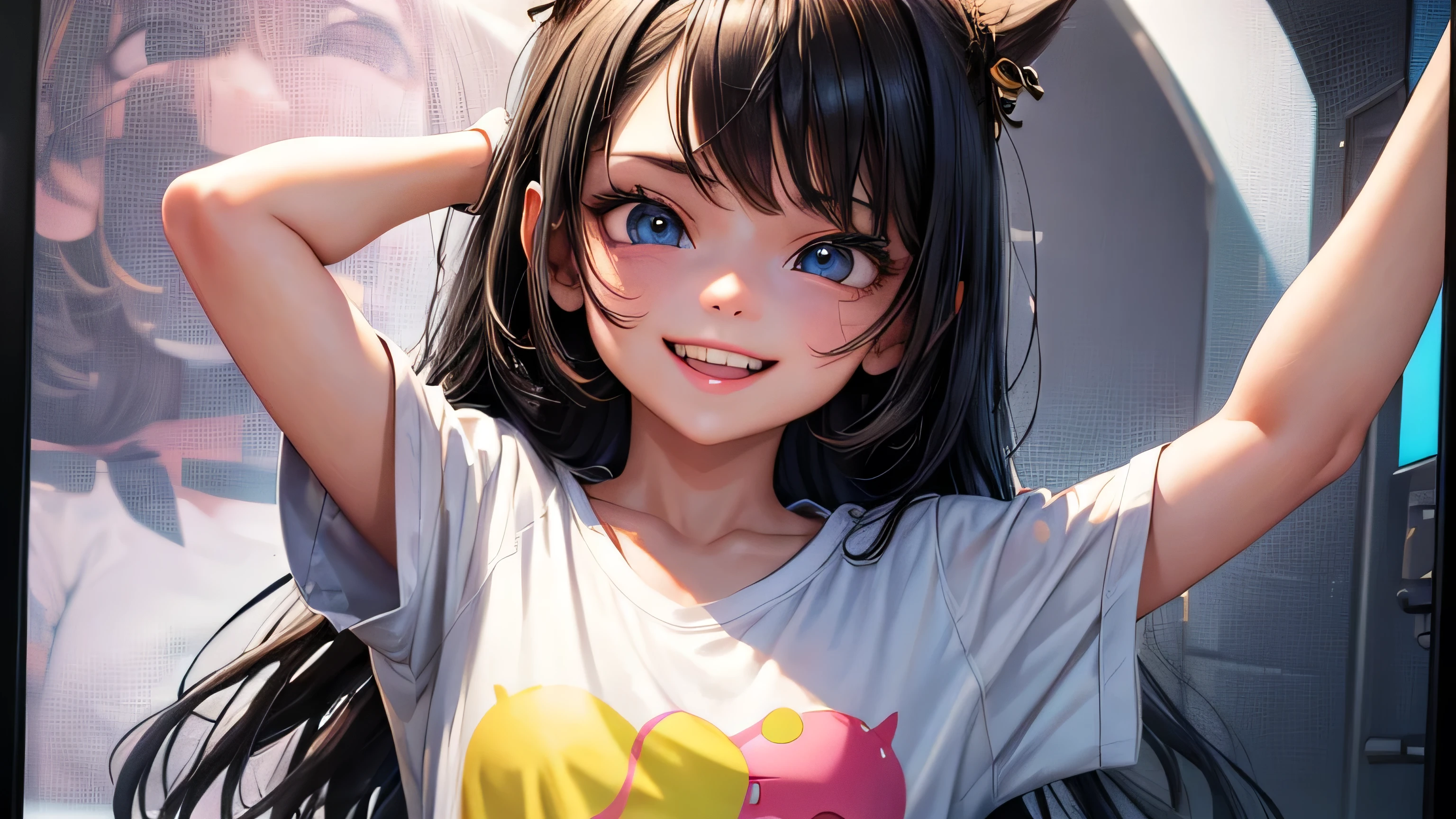 Naughty kid girl Super smiley Depicted on the left side of the screen Perfect and detailed facial expression Perfect and detailed eye depiction Perfect and detailed hair Perfectly detailed upper body Perfect and detailed depiction of the chest T-shirt