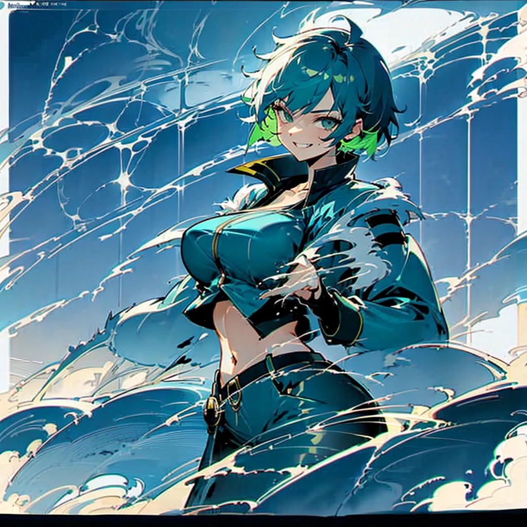Fubuki, master piece, best image quality, facing the camera, smile, Sexy tall, looking straight at the camera, short hair, Perfect bodies, green hair, big breasts, Fubuki, ripped clothing exposing breast, nude