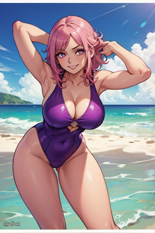 A pink haired woman with violet eyes with an hourglass figure in a cute one piece swimsuit is leaning forward with a smile at the beach