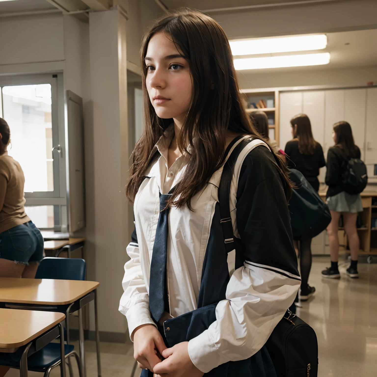 Photo of Jenna Ortega in a hoodie, pleated_skirt, exposed_genitalia, alone, blue eyes, reverse bob haircut, hyper detailed, Looking at Viewer, Hourglass Body, muscular, cozy atmosphere, classroom, photography, Photo Session, Captured by Panavision Panaflex Platinum Camera with Panavision Primo Primes Spherical Lens 50mm T1.9