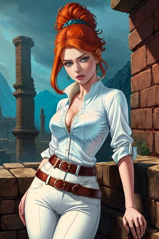 (Face-BarbaraPalvin:0.8) (D&D rogue character:1.2) painting ginger woman auburn hair (updo:1.1) white button shirt see through leather pants pauldron teal armor belts straps detailed background ancient ruins (small_breasts:1.1) (masterpiece) (best quality) (detailed) (8k) (wallpaper) (cinematic lighting) (sharp focus) (intricate) (Style-Autumn:0.5), big breast 