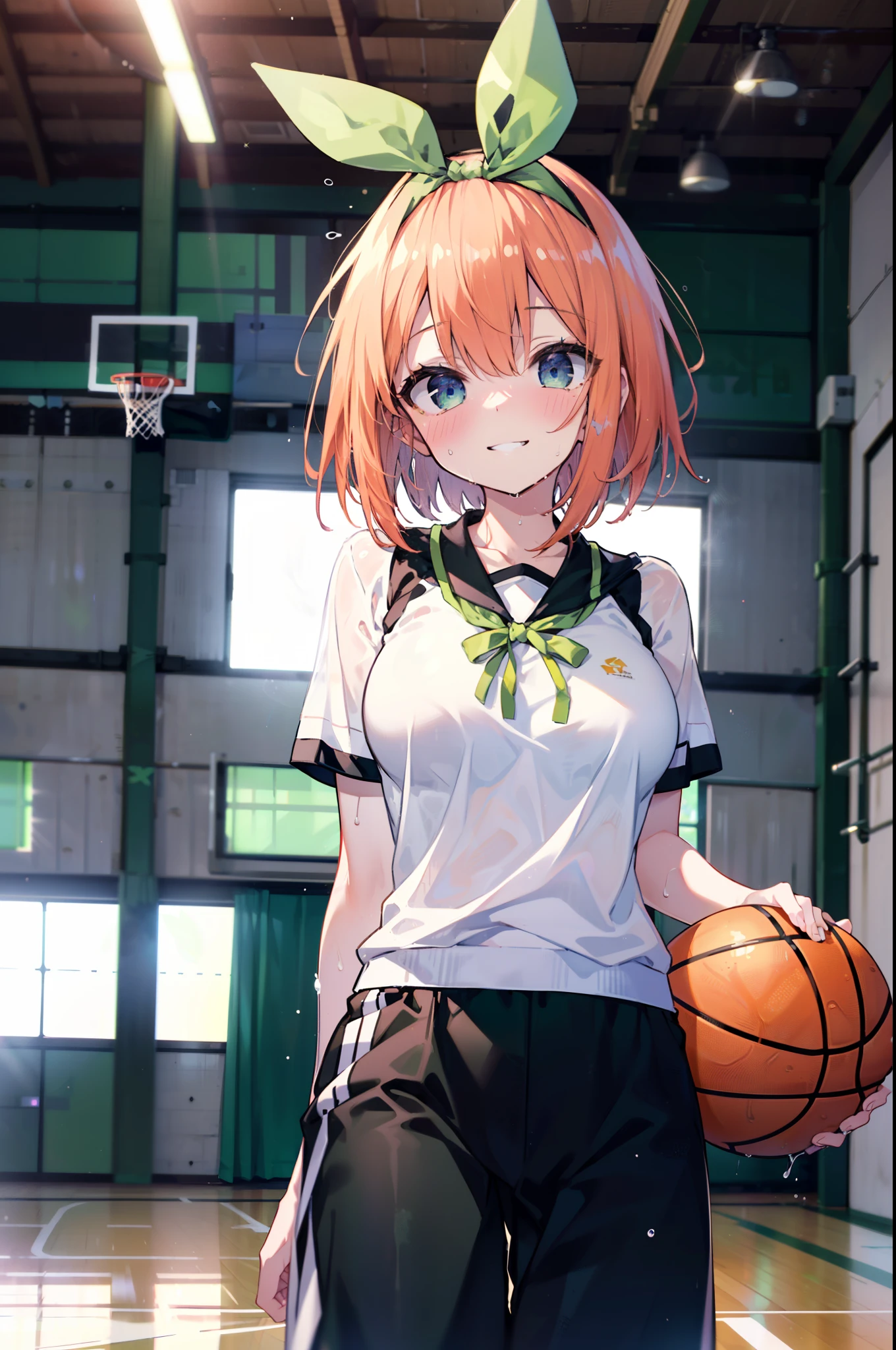 yotsubanakano, Yotsuba Nakano, bangs, short hair, blue eyes, Hair between the eyes, hair ribbon, hair band, Orange Hair, (Green ribbon:1.5), smile, Grin,smile,Sweat,Wet Skin,
(Dynamic pose:1.2), /(Basketball Uniforms/Basketball Pants), /bangs, (highest qualityのmasterpiece:1.2) Delicate illustrations with super detail, Big Break /(市民gym/) indoor, audience、
break indoors, gym,
break looking at viewer, (Cowboy Shot:1.5),
break (masterpiece:1.2), highest quality, High resolution, unity 8k wallpaper, (figure:0.8), (Beautiful fine details:1.6), Highly detailed face, Perfect lighting, Highly detailed CG, (Perfect hands, Perfect Anatomy),