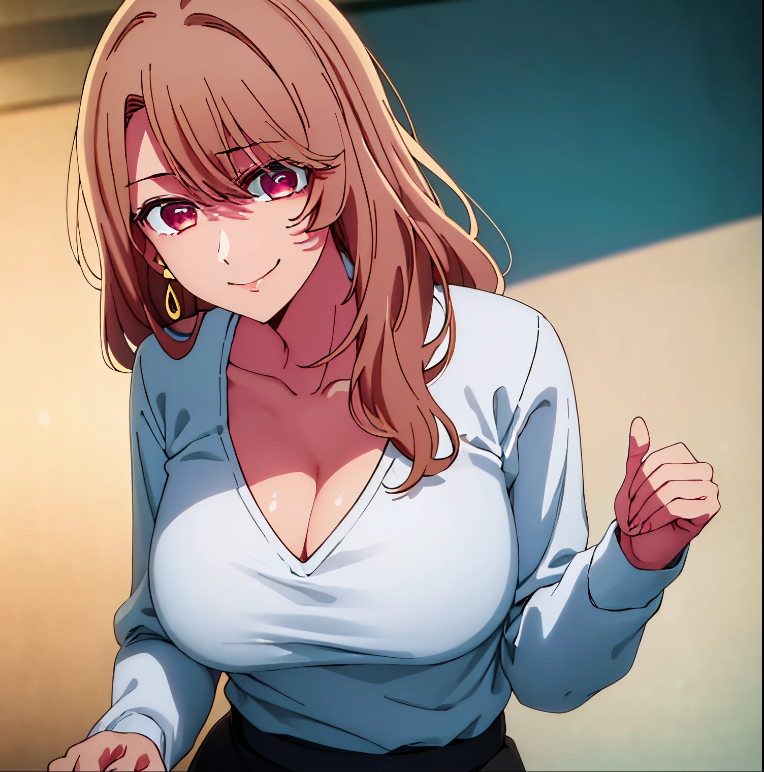 1 girl, alone, Miyako saitou, long, earrings, jewelry, 1 girl, black cardigan, white shirt, pencil skirt. , blush, slight smile, closed mouth, cleavage , full body, jewelry, collarbone, earrings, open_clothes, pink eyes, light brown hair, eyebrows_visible_through hair, bangs 1 girl, 20 years old, young woman, beautiful finger, beautiful long legs, beautiful body, beautiful nose, beautiful design characters, perfect eyes, perfect face, expressive eyes, perfect balance, looking at viewer (focus on his face), closed mouth, (innocent_big_eyes:1.0), Light_Smile, official art Extremely detailed CG Unity 8k wallpaper, perfect lighting, colorful , bright_front_lighting, glowing skin, smile, (masterpiece: 1.0), (best_quality: 1.0), ultra-high resolution, 4K, ultra-detailed, 8K, HDR, high resolution, nonsense: 1.2, Kodak portra 400, film grain, blurred background, bokeh:1.2, lens flare, (vibrant_color:1.2), professional photography, (Beautiful_big_breasts:1.4), (beautiful_face:1.5), (narrow_waist), perfect hands, perfect anatomy