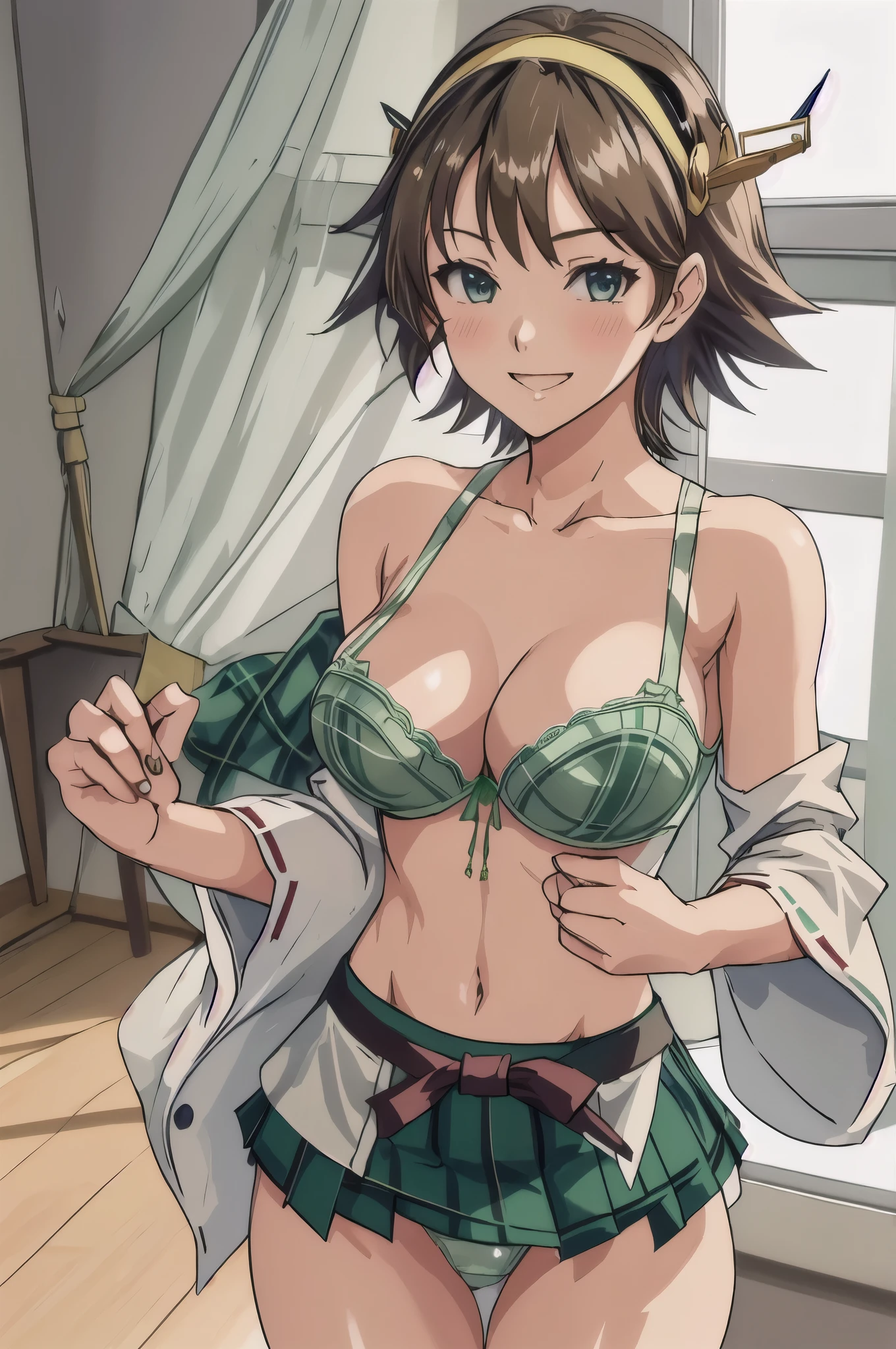 highest quality, masterpiece, High resolution, ((alone)), {Hiei_Kantai Collection:1.15},  ((Perfect hands, Perfect Legs, Perfect Anatomy)), ((オレンジ色hair)), hairband, headgear, Non-traditional_Miko, smile, blush, green_eye, Inverted up_hair, (One Girl), Dependent_sleeve, green_skirt, Plaid, Plaid_skirt, ribbon-trimmed_sleeve, ribbon_trim, skirt, Office Background, (panties), (bra), (Flashy underwear), lingerie